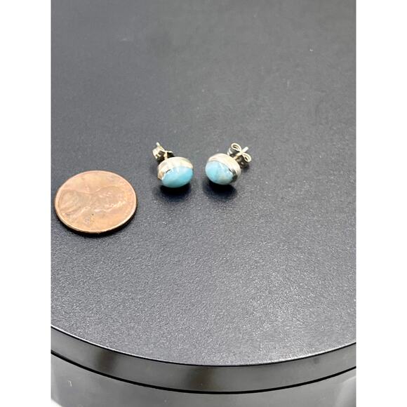 Sterling silver Bezel Set Blue Larimar Cabochon Small Stud Earrings - Picture 7 of 8